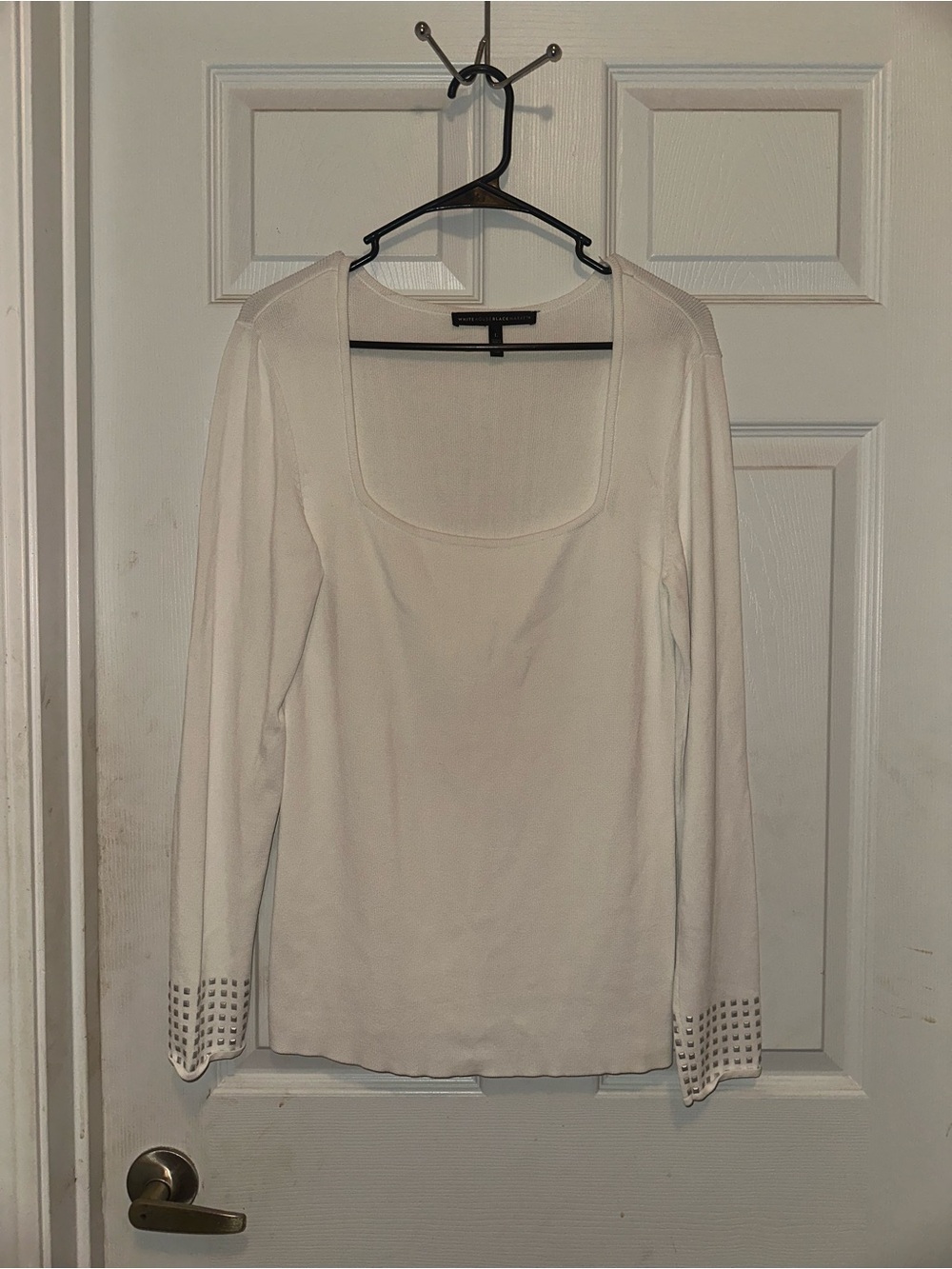 White House Black Market White Square-Neck Long Sleeve Top with Studded Cuffs